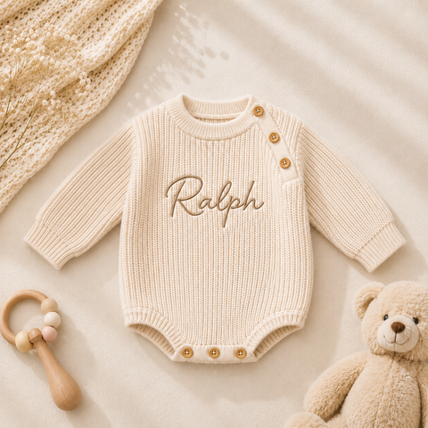Personalised Beige Knitted Baby Romper