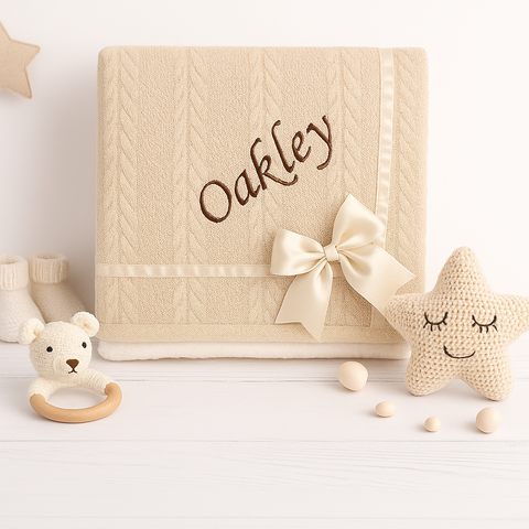 Personalised Baby Beige Knitted Bow Blanket