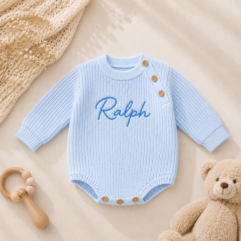 Personalised Blue Knitted Baby Romper