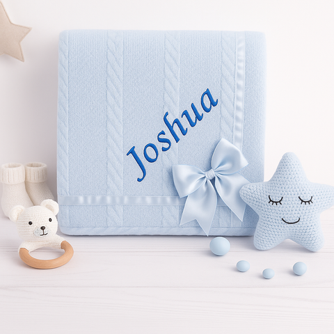 Personalised Baby Light Blue Knitted Bow Blanket