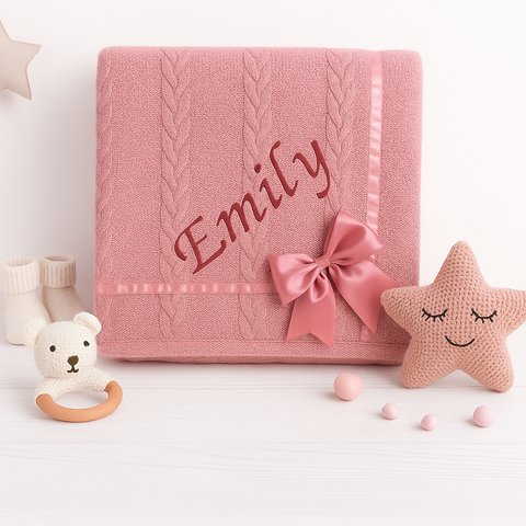 Personalised Baby Dusky Pink Knitted Bow Blanket