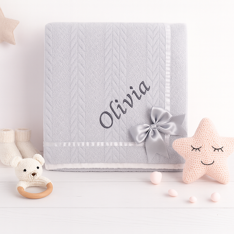 Personalised Baby Grey Knitted Bow Blanket