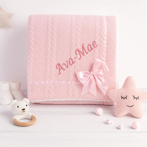 Personalised Baby Pink Knitted Bow Blanket