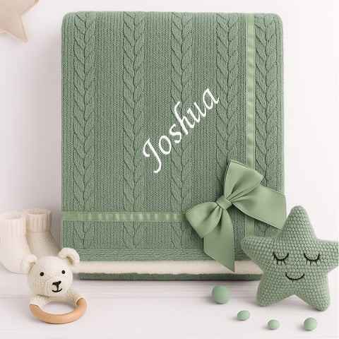 Personalised Baby Sage Green Knitted Bow Blanket
