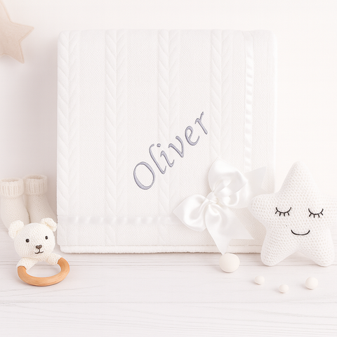 Personalised Baby White Knitted Bow Blanket