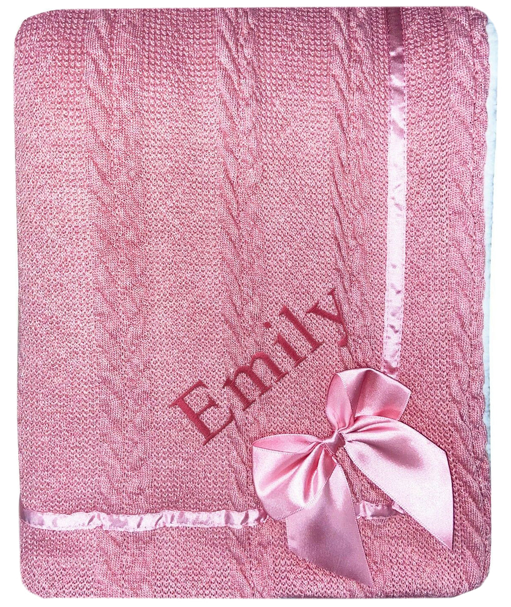 Auraluz Pink Knit Blanket with Bow Ribbon Embroidery