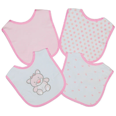 Set of 4 Baby Girls Pink Dribble Bibs featuring various designs.