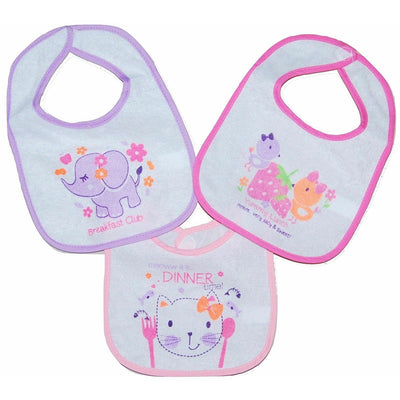 Set of 3 Baby Girls Pink Dribble Bibs featuring various designs.